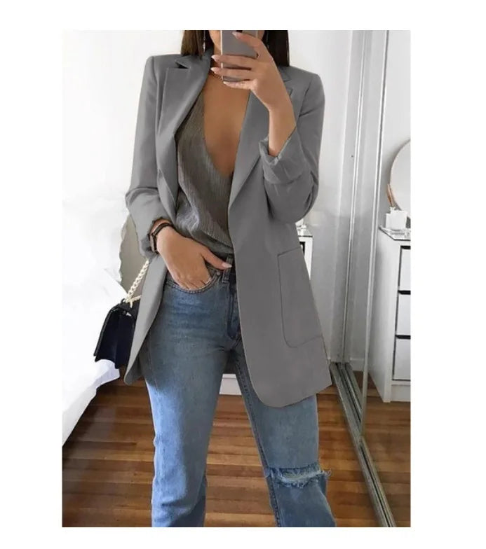 Women's Casual Blazer Notched Lapel Long Sleeve Open Jacket with Pockets Slim Fit Spring Autumn Office Lady Streetwear Coat