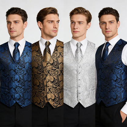 Men's Paisley Waistcoat Set – Single Breasted Formal Vest with Necktie and Pocket Square for Weddings and Business Events