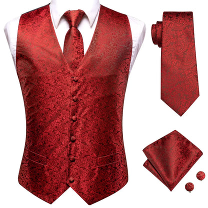 Men's Waistcoat Suit Set with Jacquard Floral Vest, Tie, Hanky & Cufflinks for Wedding and Business
