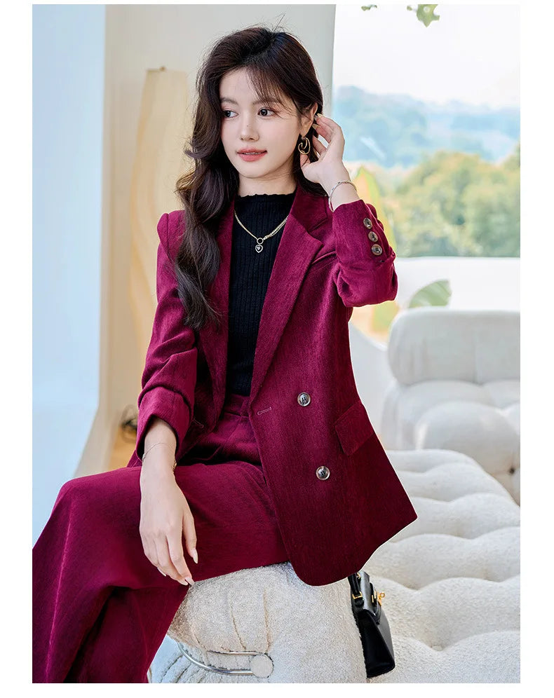 Pleuche Women Suits Office Sets 2024 Autumn New Fashion Notched Double Breasted Blazers Vintage Casual Wide Leg Pants Suits