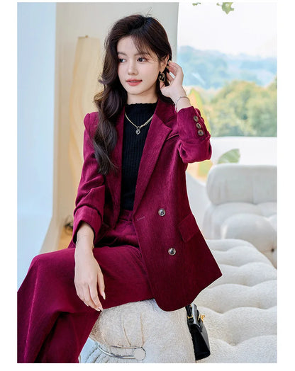 Pleuche Women Suits Office Sets 2024 Autumn New Fashion Notched Double Breasted Blazers Vintage Casual Wide Leg Pants Suits