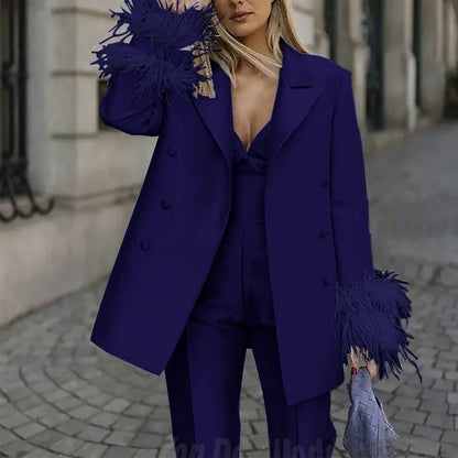 Classic Satin Women's Suit Set 2 Piece Exquisite Feather Double Breasted Jacket With Pants Evening Party Luxury Trouser Suits