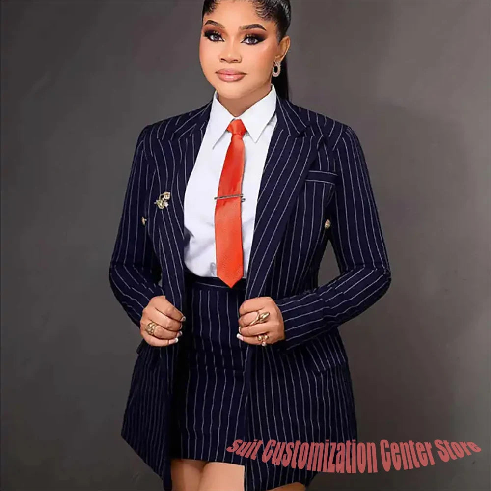 Vintage Peaked Lapel Stripe Women Suits Elegant Blazer+Mini Skirt 2 Pieces Slim Fit Office Lady Wear Customized Set