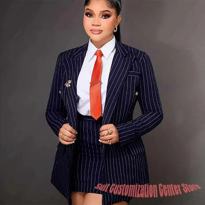 Vintage Peaked Lapel Stripe Women Suits Elegant Blazer+Mini Skirt 2 Pieces Slim Fit Office Lady Wear Customized Set