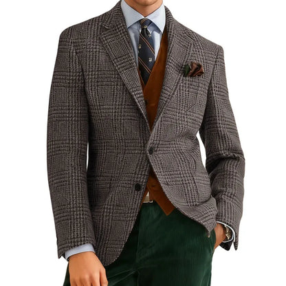 Autumn Winter Men's Suits Jacket Formal Single-Breasted Plaid Blazer Tweed Wear Tuxedos Business Casual Party Men Sport Coats