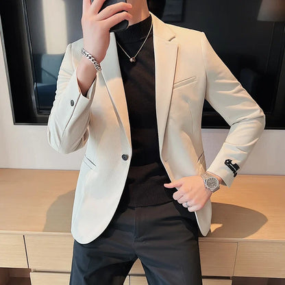 High-Quality Fashionable Men's Slim Fit Business Suit Jacket Autumn Wear Korean Style Pure Color Tweed High-End Feel