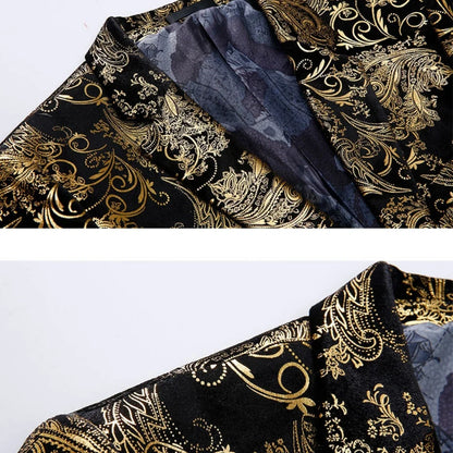Men's Suit Jacket Black Gold Floral Applique Single Button for Wedding Party Performance