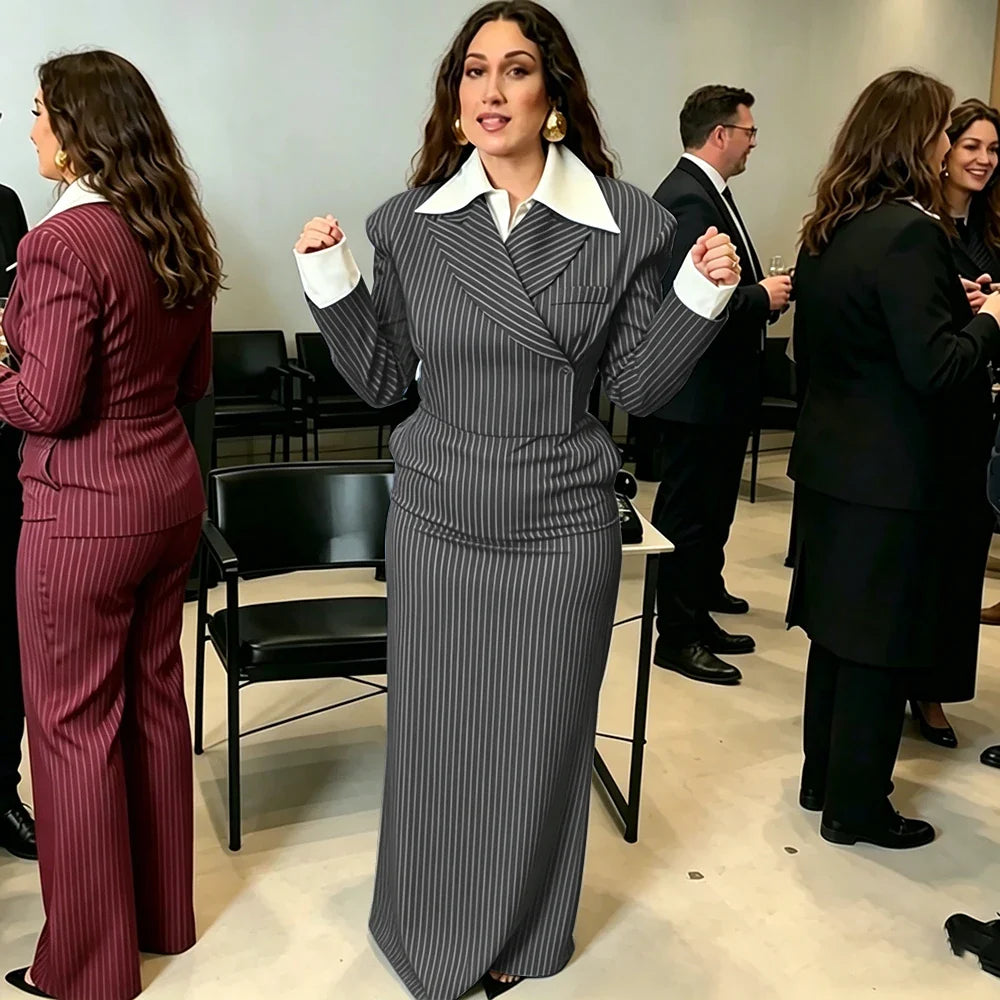 Navy Blue Pinstripe Women's Jacket Skirt 2 Piece Set Formal Single Breasted Evening Party Clothing Wedding Guest Outfit