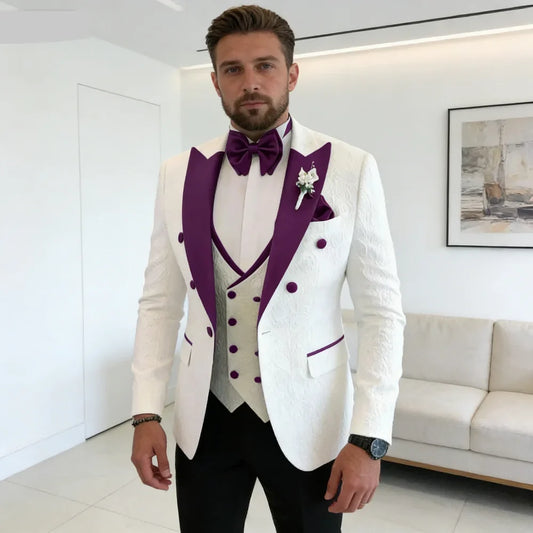 Men's Floral Wedding Tuxedo 3-Piece Set Double Breasted Jacket with Vest Peak Lapel Groom's Fashion Suit Male Wedding Attire