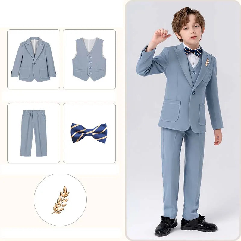 Gentleman Kids Slim 4Pieces/Set Jacket Vest Pants Bowtie Party Dress Children Ceremony Photograph Suit Boys Performance Costume