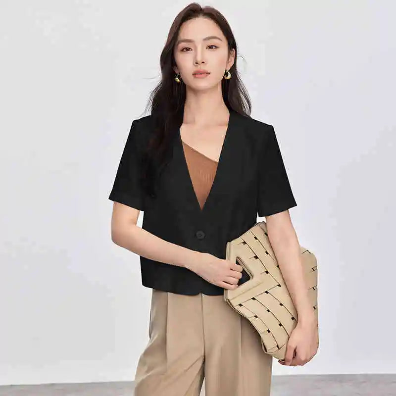 Solid Color Women's Jackets 2026 New Formal Cropped V Neck Single Button Short Sleeve Commuting Outerwear 152X87886