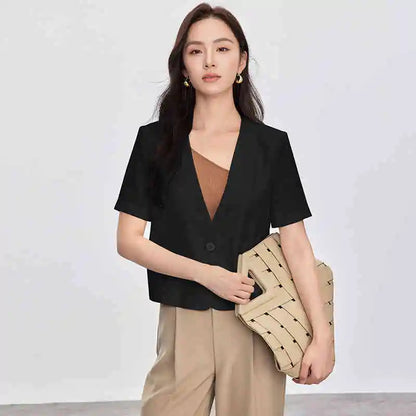 Solid Color Women's Jackets 2026 New Formal Cropped V Neck Single Button Short Sleeve Commuting Outerwear 152X87886