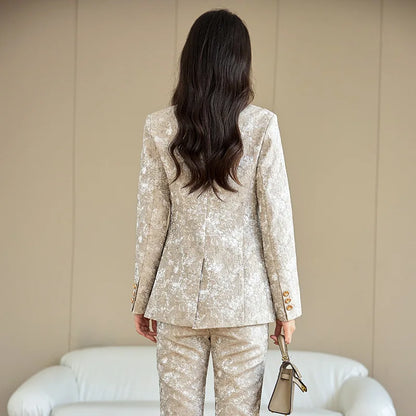 Fashion Apricot Printing Women Pant Suit Elegant Business Office Ladies 2 Piece Set Female Formal Blazer And Trouser