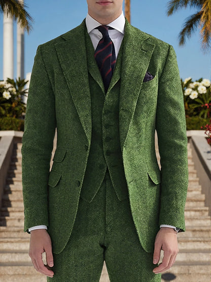 Men's Green Herringbone Texture Blazer, Sophisticated Business Style, Structured Fabric, Slim Fit Design, Formal Occasion Statem
