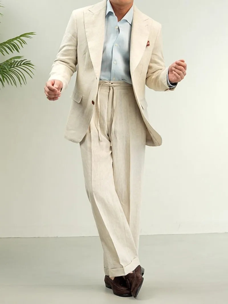 Men Retro Linen Suit Set Notched Collar Thin Business Casual Blazers Two Piece Set Lace Up Long Pant Full Length Trousers Outfit