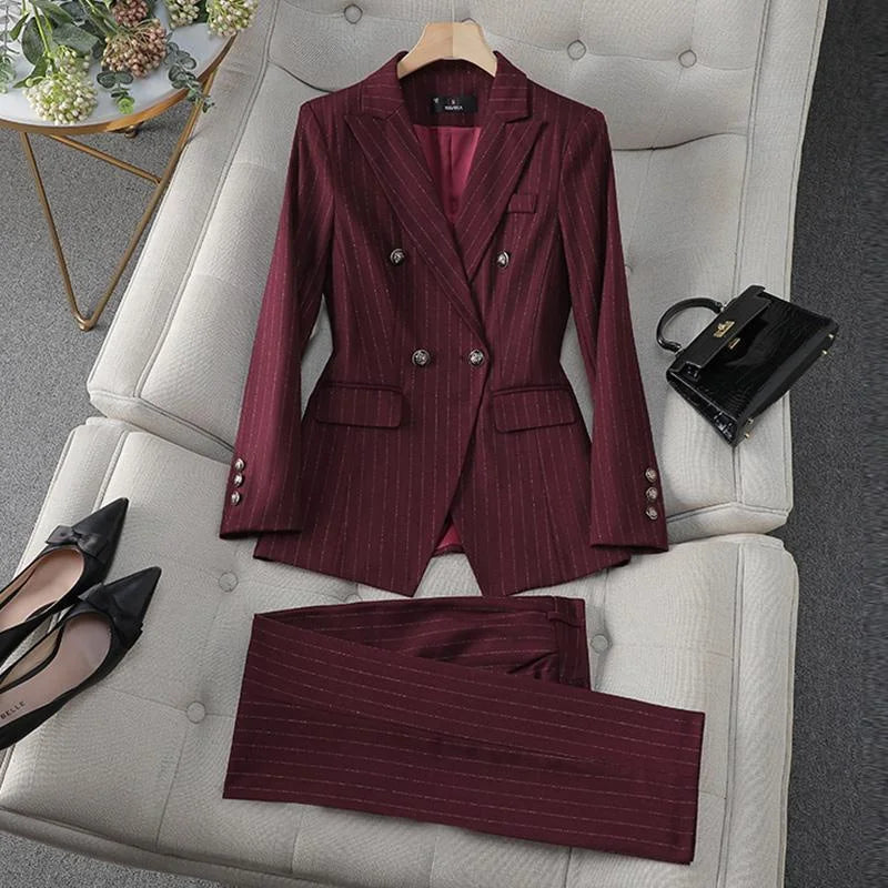 Fashion Autumn Winter Ladies Pant Suit Women Blue Striped Female Business Work Wear Jacket Blazer and Trouser Formal 2 Piece Set