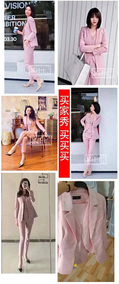 Fashion Elegant Pink High-End Small Business Suit Coat2022Autumn and Winter Elegant Vest Suit Three-Piece Korean Women's Clothin