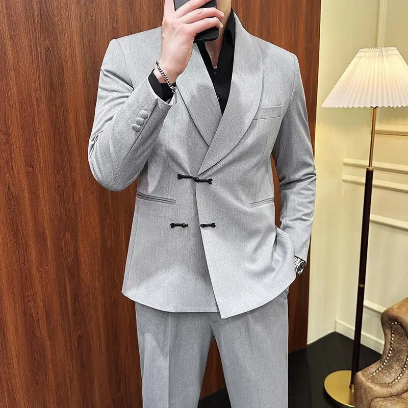 (Jacket+Pants) Vintage Luxury Chinese Style Suit Fashion Men High-end Elegant Business Social Wedding Dress Suit Tuxedo 2Pcs Set