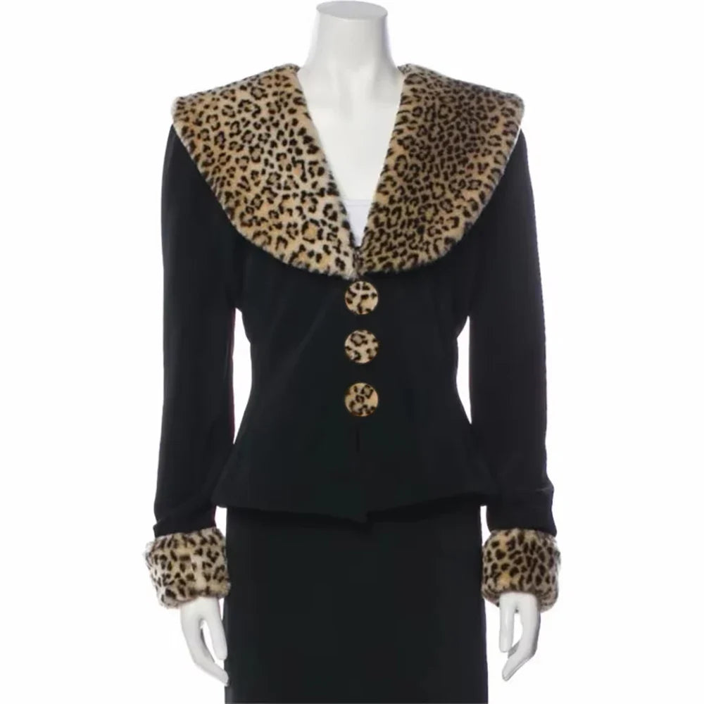 Y2K 90s Style Women Fitted Skirt Suit Leopard Faux Fur Collar Long Sleeve Blazer Bodycon Skirt Elegant Vintage Formal Costume