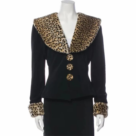 Y2K 90s Style Women Fitted Skirt Suit Leopard Faux Fur Collar Long Sleeve Blazer Bodycon Skirt Elegant Vintage Formal Costume