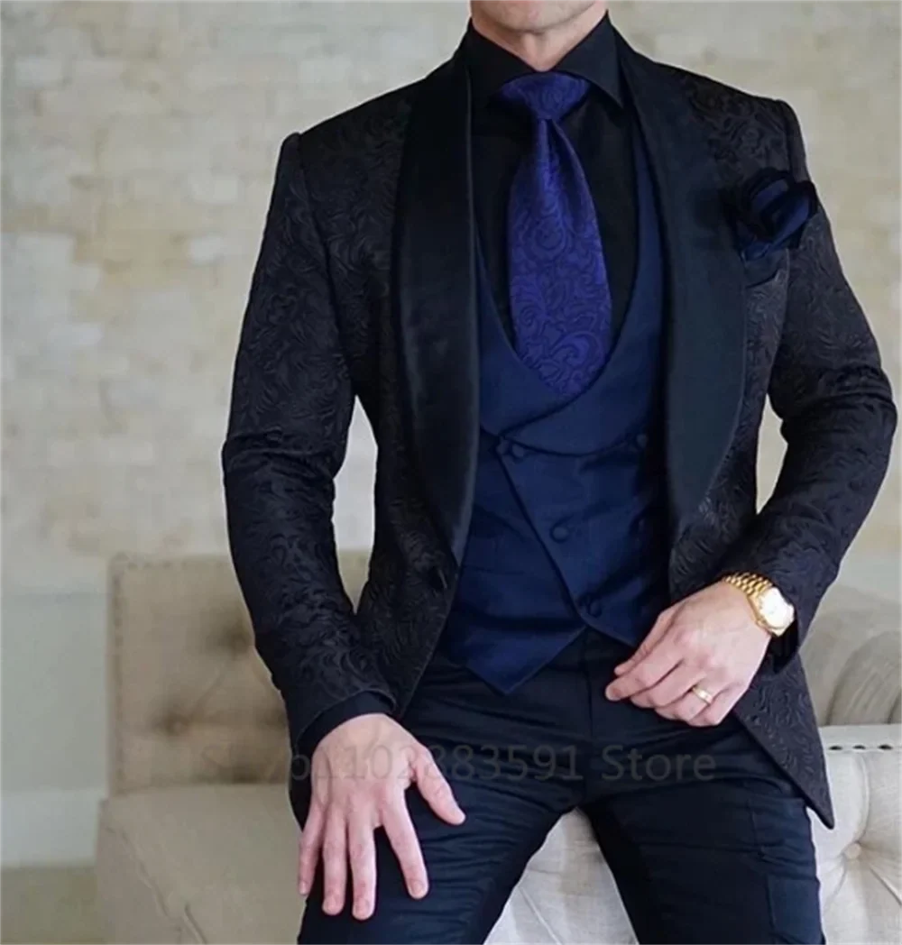 Black Jacquard Wedding  Party Tuxedo For Groom Wedding Shawl Lapel 3 Pieces Slim Fit Mens Suits Male Waistcoat Vest Pants