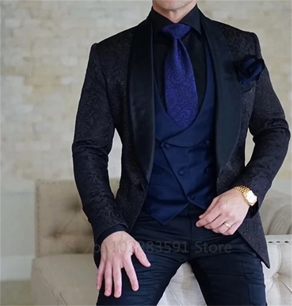 Black Jacquard Wedding  Party Tuxedo For Groom Wedding Shawl Lapel 3 Pieces Slim Fit Mens Suits Male Waistcoat Vest Pants