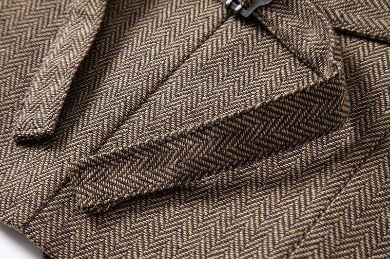 Men's Triple-Breasted Herringbone Tweed Vest – Retro Fake Two-Piece Waistcoat for Weddings & Smart-Casual Occasions