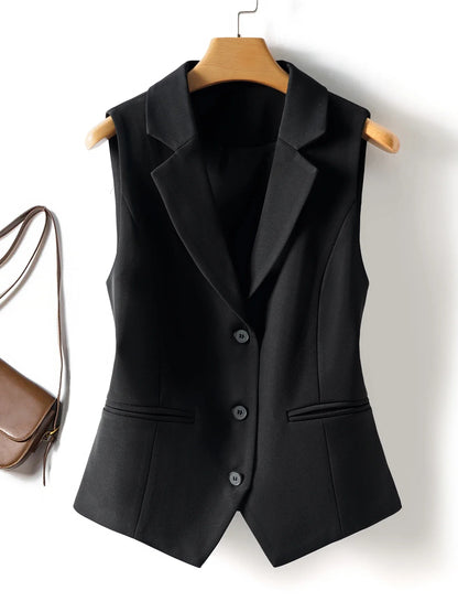 Black Sleeveless Suit Vest for Women, Short Single-Breasted Workplace Elegant, Slim and Versatile Vest Top, Spring & Fall Style