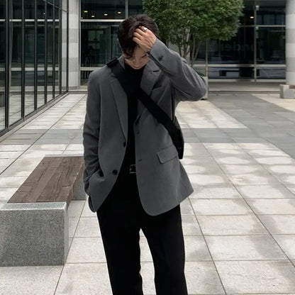 Men Minimalist Padded Shoulder Blazer Premium British Style Loose Black Suit Jacket Trendy Elegant Groom Outerwear