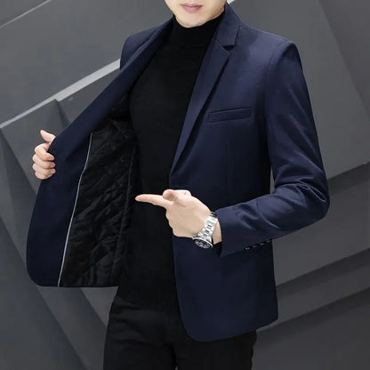 Men's Winter Cotton-Padded Thick Double-Breasted Casual Blazer Korean Style Trendy Solid Color Dark Blue Black Suit Jacket