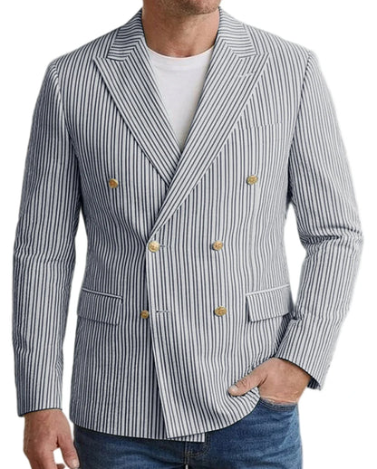 Vintage Men's Striped Double Breasted Blazer Casual Business Suit Jacket Lightweight Notched Lapel Sport Coat Wedding Party Wear