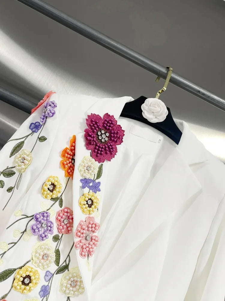 Elegant Women New Autumn Embroidery Floral Blazer Jacket Loose Fit Single Button Work Suit Coat Outwear Fashion Office Ladies