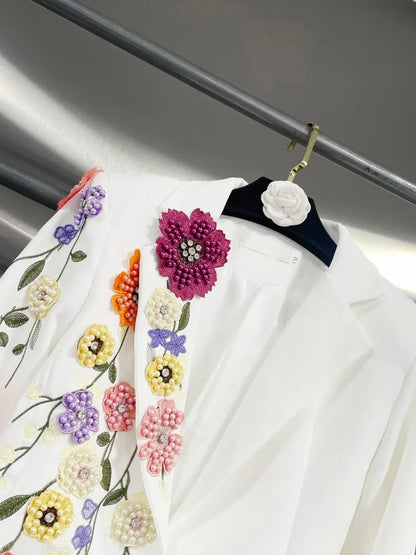 Elegant Women New Autumn Embroidery Floral Blazer Jacket Loose Fit Single Button Work Suit Coat Outwear Fashion Office Ladies