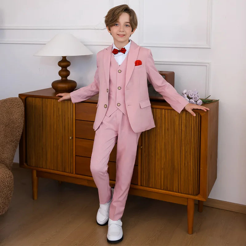 Boys Pure Pink Jacket Vest Pants Bowtie+Pocket Cloth 5pcs Wedding Birthday Outfit Kids Formal Piano Host Performance Costume