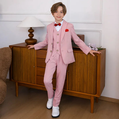 Boys Pure Pink Jacket Vest Pants Bowtie+Pocket Cloth 5pcs Wedding Birthday Outfit Kids Formal Piano Host Performance Costume