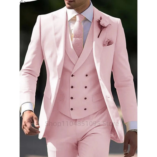Pink 3 Piece Slim Fit Men's Tuxedo Groom's Wedding Prom Business Costume with Peak Lapel Two Buttons Blazer Vest Pants Set Homme