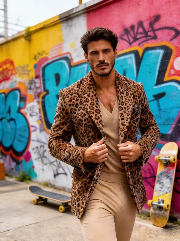 Men’s Leopard Print Velvet Blazer Peak Lapel Slim Fit Sport Coat Luxury Vintage Style Jacket for Party Night Out Male Outerwear