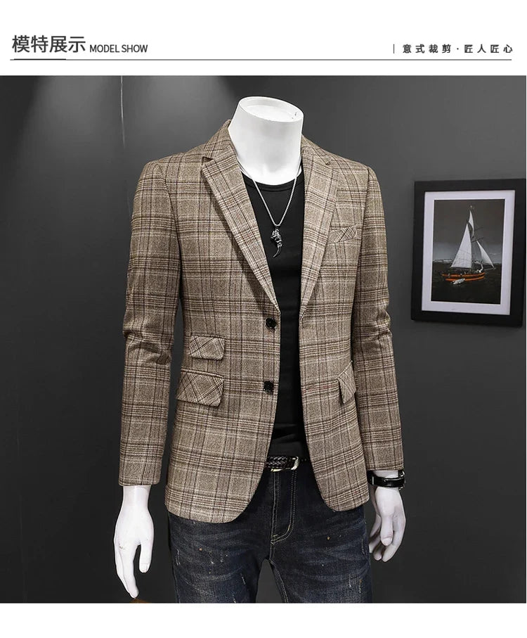 Top Quality Luxury Plaid Business Slim Fit Men Blazer Jacket 2024 Spring Autumn Casual Blazers For Men Elegant Dress Suit Jacket