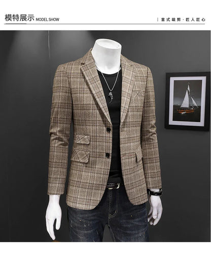 Top Quality Luxury Plaid Business Slim Fit Men Blazer Jacket 2024 Spring Autumn Casual Blazers For Men Elegant Dress Suit Jacket
