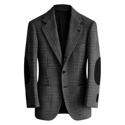 Retro British Plaid Men's Blazer with Elbow Patches Slim Fit Business Casual Tweed Suit Jacket for Office Daily Wear Sport Coats