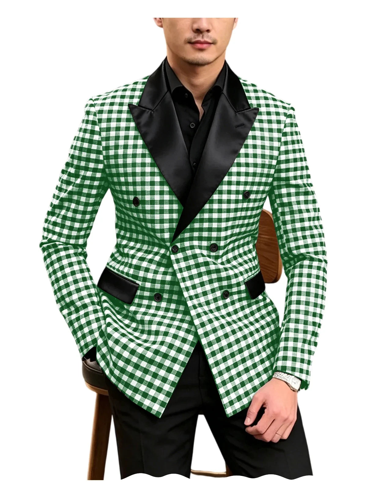 Men's Checkered Double Breasted Blazer Tailored Slim Fit Formal Jacket For Wedding Groom Cocktail Event Prom Dinner Party Coat