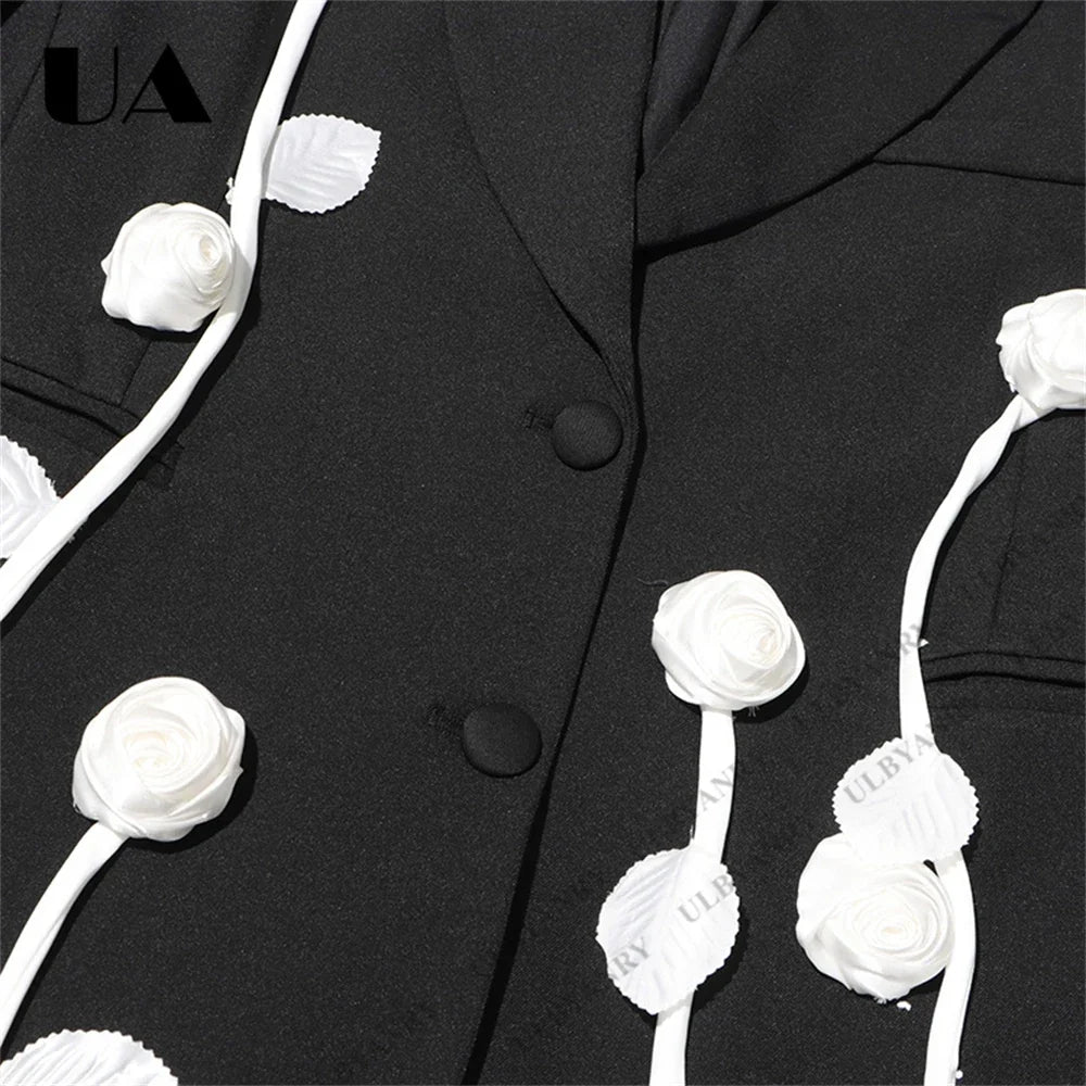 Unique Design Women’s Blazer – Black, 3D White Rose, Long Sleeve, Button Closure, Work Date Jacket Office Casual Jacket