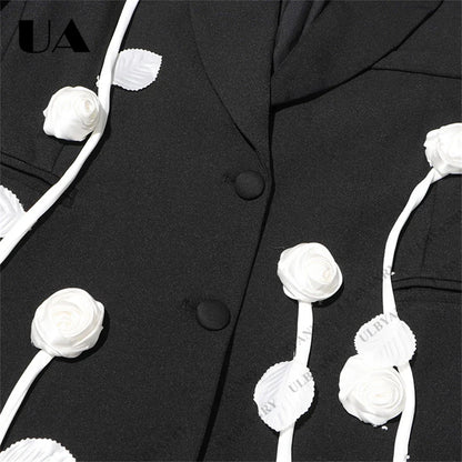 Unique Design Women’s Blazer – Black, 3D White Rose, Long Sleeve, Button Closure, Work Date Jacket Office Casual Jacket