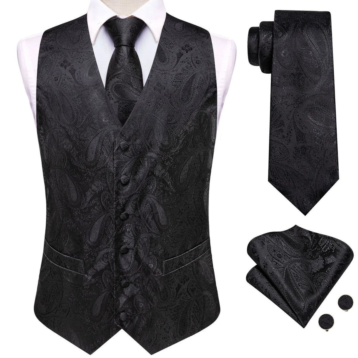 Men's Suit Vest Set – Floral Jacquard Waistcoat with Tie, Hanky & Cufflinks for Weddings & Formal Events