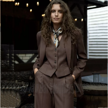 2026 New Brown Women Three Piece Suits Single Breasted Blazer Vest Pants Vintage Elegant Lady Office Party Formal Outfit Set