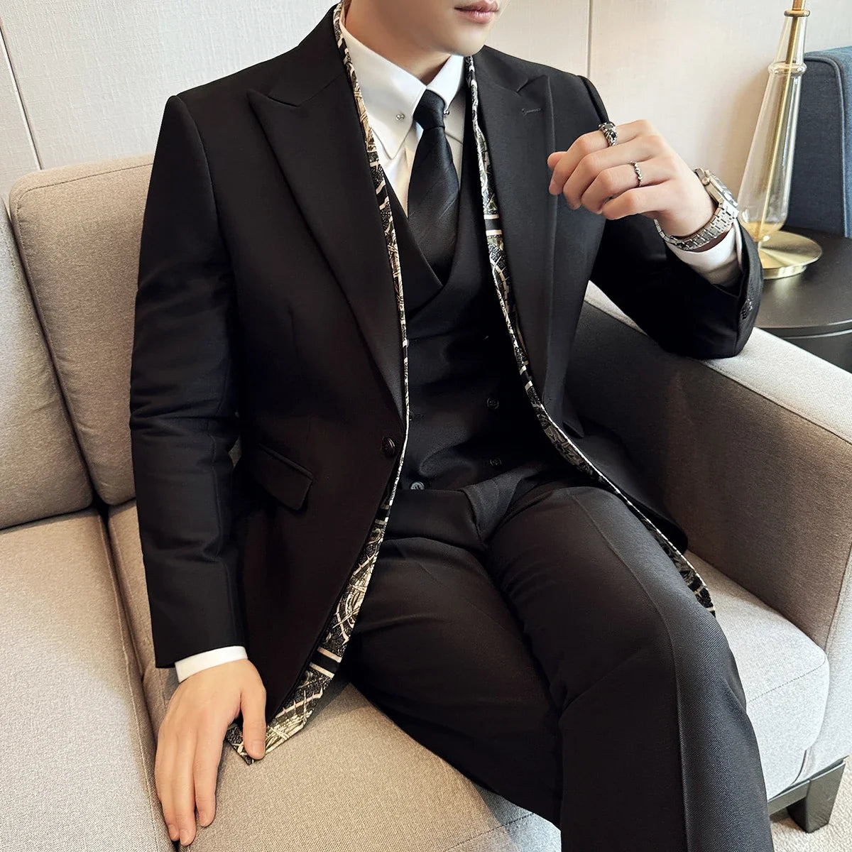 Scarf With Design Double Collar Suit Men's Business Casual Groom Wedding Slim Fit Suit Tuxedo 3-piece Set (Jacket+Vest+Pant)