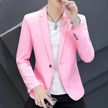 Men's Korean Slim Fit Pink Suit 2025 Fashion Casual Coat Handsome Personality Spring Autumn Trendy Streetwear