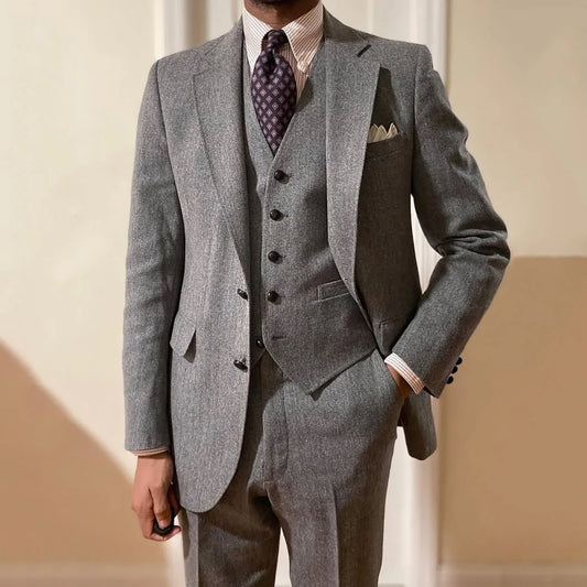 Men Suit Gray 3 Pcs Herringbone Single Button With Lapel For Wedding Birthday Banquet Party Prom Business Work Jacket Vest Pants