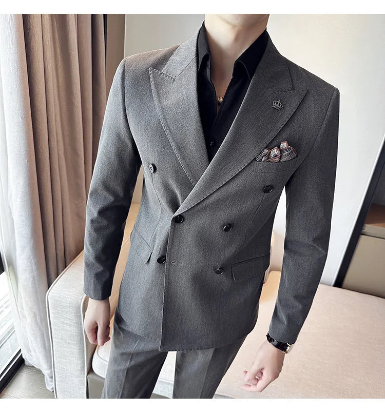 (Blazer + Trousers) Fashion Double Breasted Design Slim Men's Suit Italian Style Luxury Wedding Social Party Tuxedo 2 Piece Set