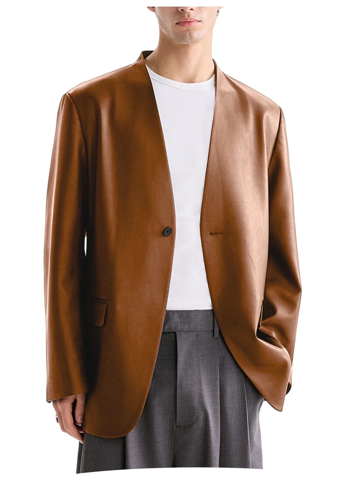 Men's PU Leather Collarless Blazer Single Button Loose Fit Jacket for Wedding Party Office